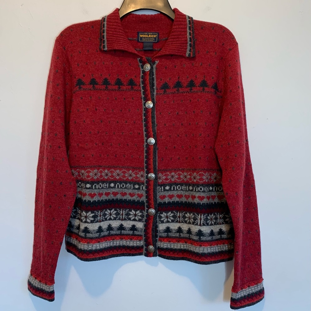 Vintage Woolrich Lambswool Fair Isle Cardigan Medium Red Cabin Holidays